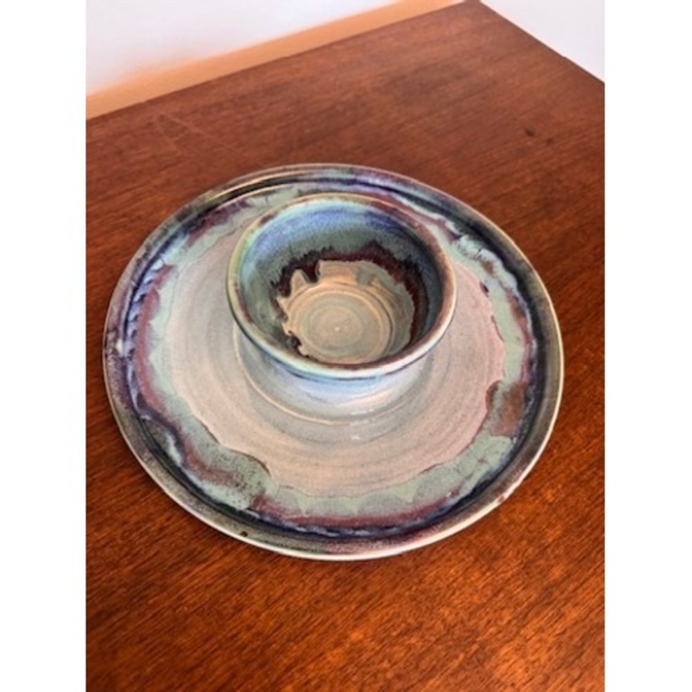 Blue Ridge Pottery Hand Turned Stoneware Chip and Dip Set Purple Green 2024 VA